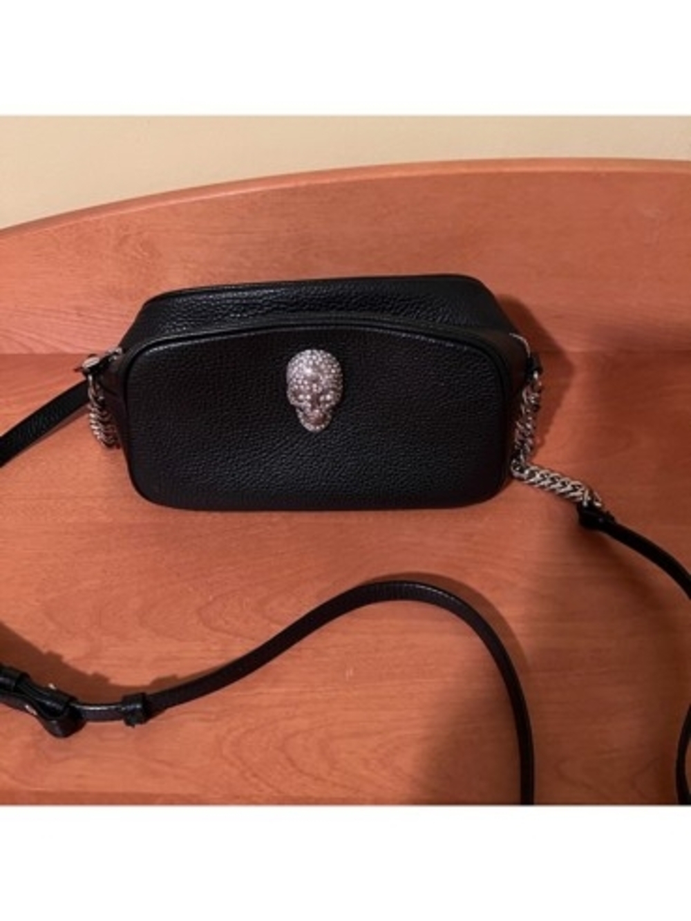 Philipp Plein Black Pebbled Leather Crossbody with Crystal Skull